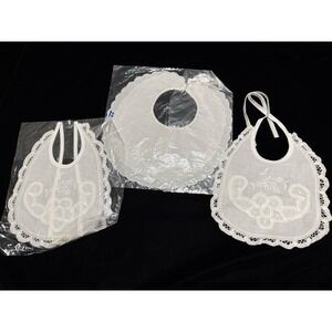 Lot of 3 New VTG White Floral Embroidery Drawstring Doll Bibs